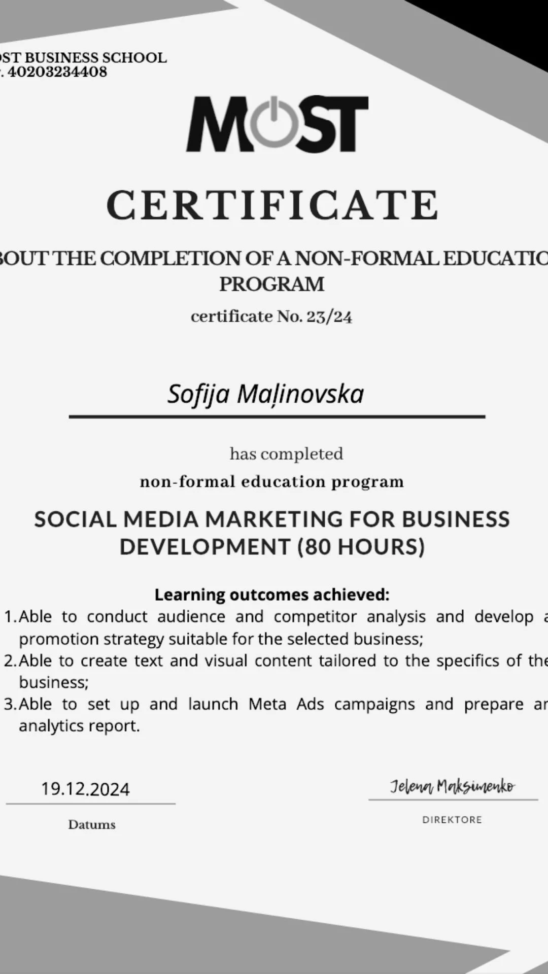 Certificate - Social Media Marketing for Business Development